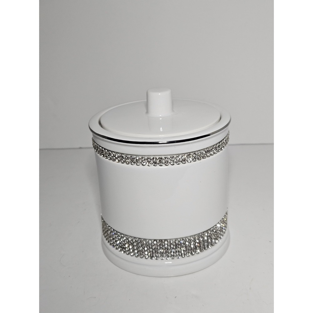 White Ceramic Bathroom Canister Jar Lid Rhinestone Crystal Bling Vanity 5"